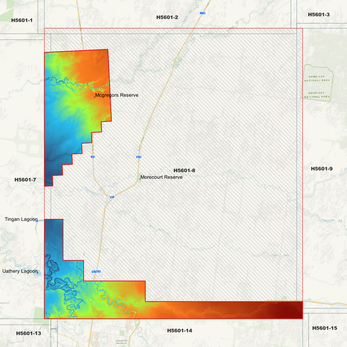 Murri Murri 2m elevation map in single-band pseudocolour, with the data extent outlined over a background map.
