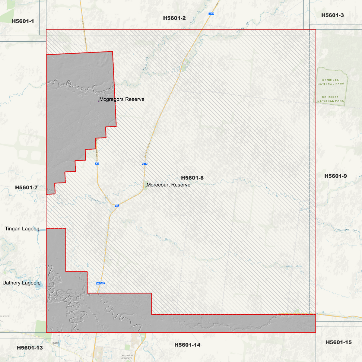 Murri Murri 2m hillshade showing terrain relief within the outlined data coverage area.
