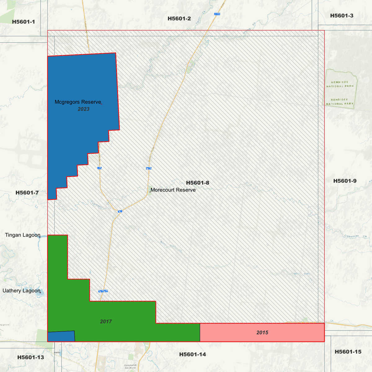 Murri Murri 2m metadata index showing survey areas labelled 2015, 2017 and 2023.
