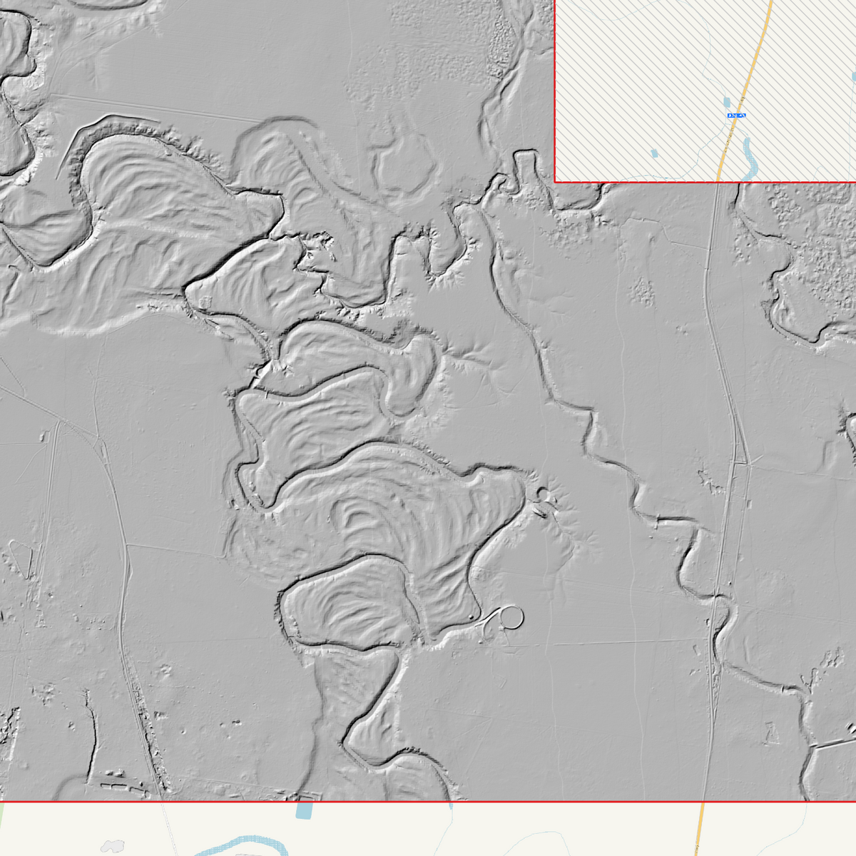 Close-up Murri Murri 2m hillshade showing winding channels and curved terrain patterns beside a coverage gap.
